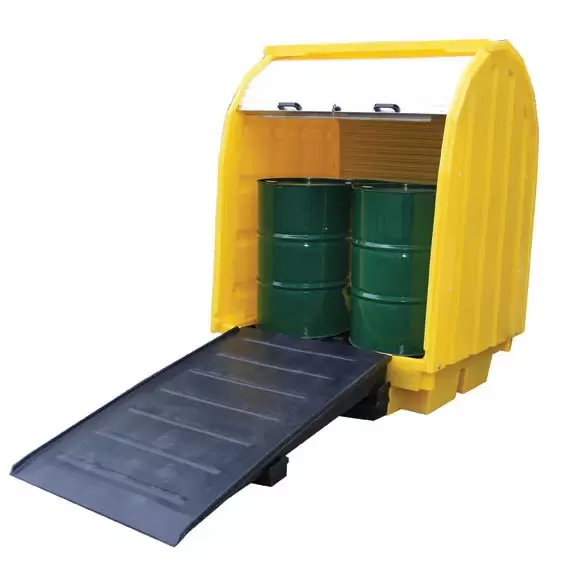 Covered 4 Drum Spill Pallet with ramp Spill Pallet for Safe Containment of Hazardous Liquids