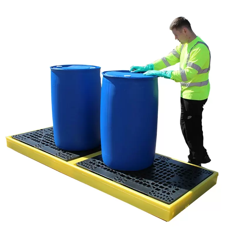 Inline 4 Drum Spill Pallet with 2 drums for Efficiency in Liquid Storage
